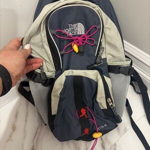 The North Face Navy and Light Gray Backpack with Pink Cord Accents